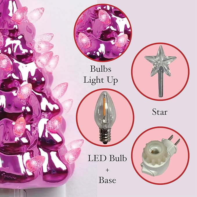 Milltown Merchants Ceramic Christmas Tree Night Light - Plugin Christmas Tree with Lights - Lighted Vintage Ceramic Tree - Mini Christmas Tree Decorative Night Light (Pearl Pink Christmas Tree)