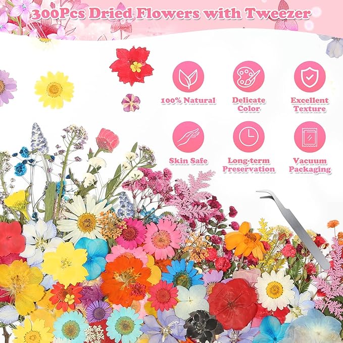 630 Pcs Dried Pressed Flowers with Butterfly Stickers for Crafts, Real Pressed Wildflowers Dry Leaves Bulk with Tweezer for Resin Jewelry Molds Candle Soap Making Scrapbook Bookmark Nails Decor