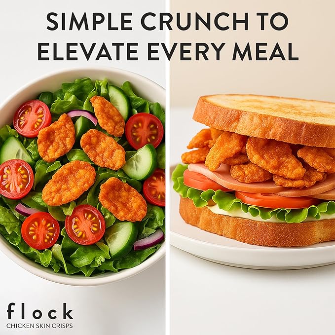 Flock Keto Chicken Skin Chips | Salt and Vinegar Flavor | Low Carb, High Protein, Sugar Free, Gluten Free Fried Chicken Skins for People | (2.5oz) 4-Pack Crispy Flock Chips