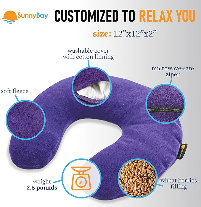 SunnyBay Microwave Heating Pad, Microwavable Heated Neck Pillow for Moist Hot Therapy, Heated Neck and Shoulder Wrap with Wheat Filling and Washable Cover, Purple, 2.5 lbs,12"x2"x2"
