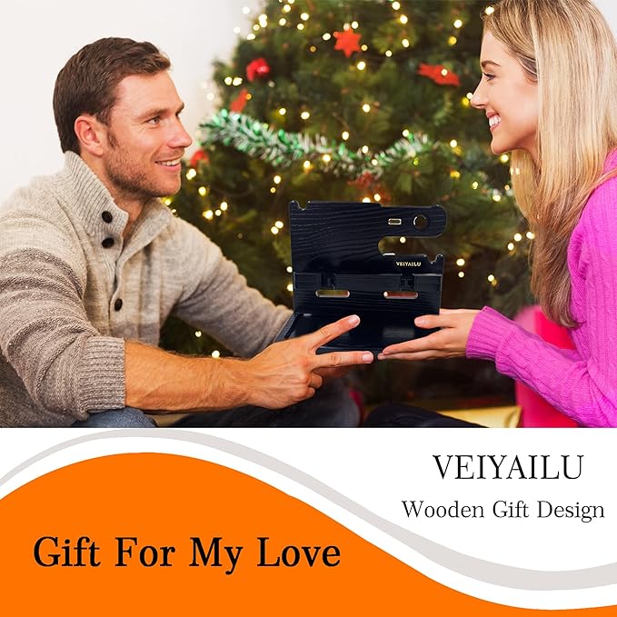Gifts for Men Dad Women Husband Boyfriend Him Nightstand Organizer for Men Wood Phone Docking Station Birthday Gifts (Black)