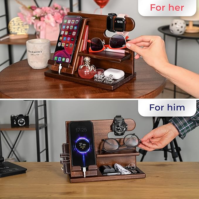 TESLYAR Wood Phone Docking Station for Men - Desktop or Nightstand Organizer - Birthday Gifts for Men, Dad - Anniversary Idea from Wife - Key Holder, Stand Wallet, Watch & Essentials (Chestnut)