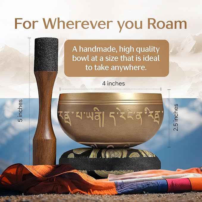 Handmade Tibetan Etched Singing Bowl Set – Sound Bowl & Meditation Bowl with Cushion, Mallet & Guide – Stress Relief Instruments – Spiritual Decor for Wellness Spaces – Yoga Relaxation Accessories