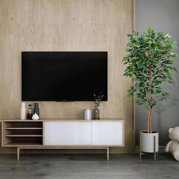 1Pack 5FT Artificial Ficus Tree with Realistic Leaves and Natural Trunk, Faux Ficus Tree with Sturdy Plastic Nursery Pot, Fake Ficus Tree for Office Home Farmhouse for Indoor Outdoor Decor