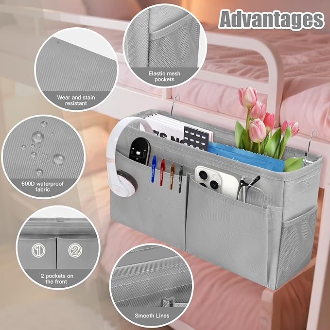 Bedside Caddy Organizer with Fixed Straps, Bunk Bed Caddy ideal for Home, Bunk Bed, Dorm, Hospital, Crib, Versatile Bedside Storage Solution (Grey)