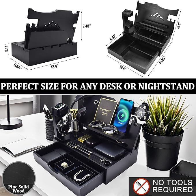Nightstand Organizer for Men with Large Drawer, Birthday Gifts for Men Father Husband, Wood Phone Docking Station, Bedside Organizer for Nightstand Office for Apple Watch, Laptop (Black)