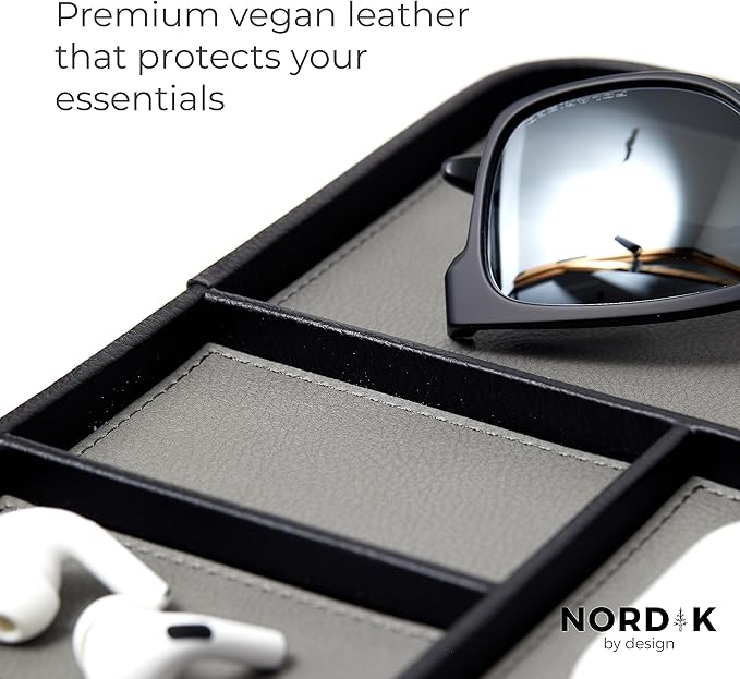 Nordik By Design Leather Valet Tray - Pebble Black Premium Vegan Stylish and Organized Nightstand for Men EDC Catchall Keys, Watch, Wallet, Jewelry Modern Bedside Caddy