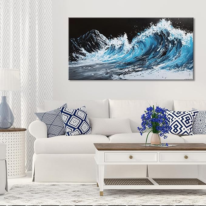ZESTRILIA Waves Wall Art Blue Sea Oil Painting Reproduction Print Modern Wave Abstract Canvas Paintings Waterproof Artwork Picture for Living Room Bedroom Home Office Kitchen Décor (23x46inch)
