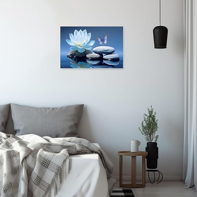 ARTZGX Blue Zen Wall Art Lotus Flower Canvas Spa Stone Pictures for Bathroom Wall Decor Meditation Butterfly Painting Frame(Zen - A 16.00" x 24.00")