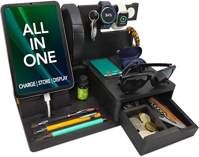 Nightstand Organizer- Bedside Docking Station for Men- Unique Gifts for Husband, Father or Dad from Wife, Son or Daughter- Desk Organizer for Phone, Watches, Wallet & Accessories (Black)