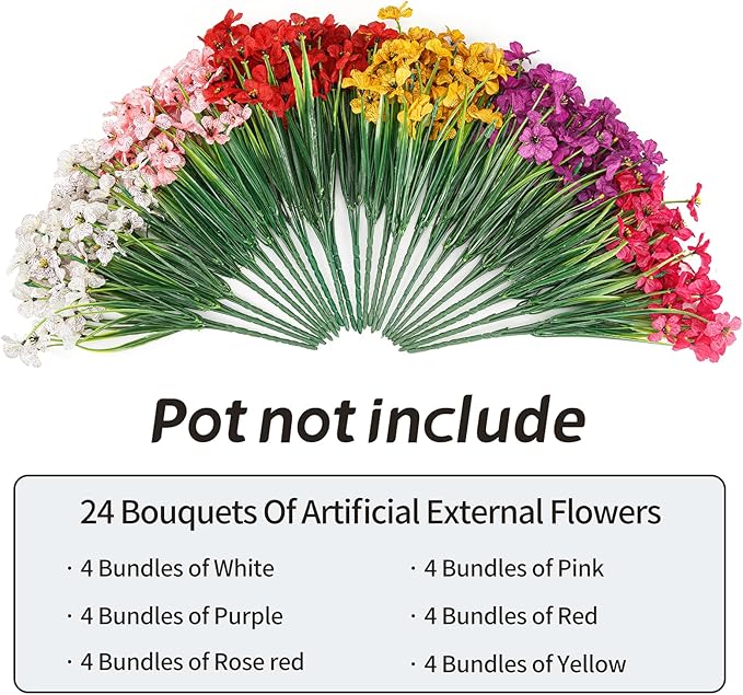 24 Bundles Artificial Flowers for Outdoor Indoor Garden Home Decoration, Plastic Flowers Decoration,Artificial Plants for Indoor Outside Garden Home Wedding Farmhouse (Mix 6 Color)