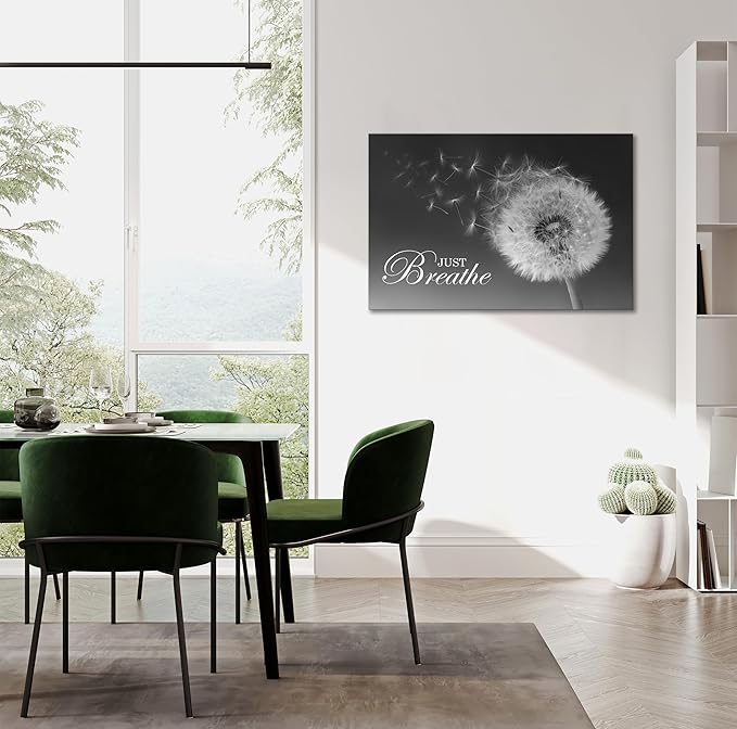 SKASNFAI Just Breathe Wall Art Zen Office Wall Decor Inspirational Yoga Quotes Positive Relax Artwork Picture Black and White Dandelion Posters Print for Meditation Room (24L x 36W)
