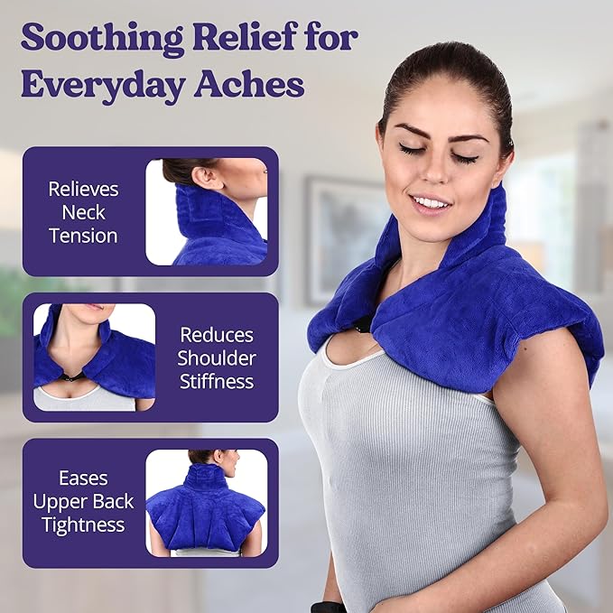 Microwavable Heating Pad for Neck, Shoulders, and Back by Joy & Grace | 5 Lb Weighted Neck & Shoulder Wrap | Moist Heat Therapy Pack for Relaxation and Comfort | Soft Micro-Mink Cover | Unscented Blue