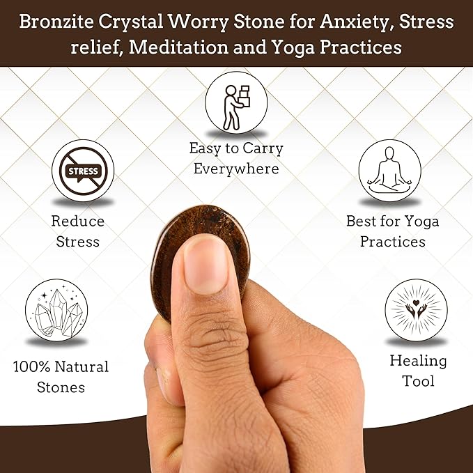 Bronzite Worry Stones – Crystal Thumb Worry Stone for Anguish, Stress – Relaxing & Soothing Balance Stones for Meditation, Relief – Healing Stones & Crystals for Men, Women