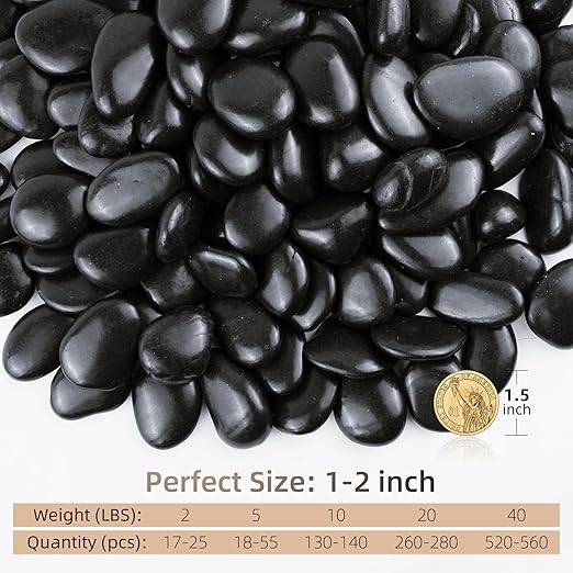 40lbs Black Pebbles for Landscaping, 1-2Inch Natural River Rocks for Aquarium, High Polished Decorative Stones for Vase Filler Fish Tank Gardening