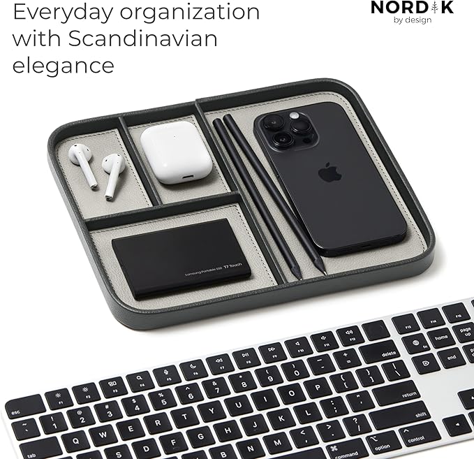 Nordik Leather Valet Tray - Sahara Gray - Premium Vegan Leather Stylish and Organised Nightstand Tray for Men - EDC Catchall Tray for Keys, Watch, Wallet, Jewellery - Modern Bedside Caddy