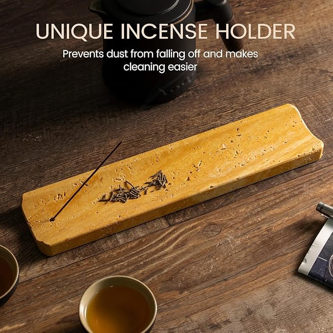 Koville Travertine Incense Holder, Incense Holder for Sticks, Long Incense Sticks Holder Ash Catcher for Meditation Yoga SPA, Natural Stone Incense Burner, Home Table Decor(Yellow)
