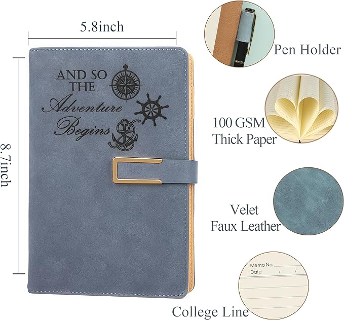 Fanery Sue Refillable Adventure Travel Journal For Women & Men Faux Leather Hardcover A5 Travel Notebook College Ruled 200 Lined Pages Lay-Flat Diary With Pen & Magnetic Buckle(Adventure - Blue