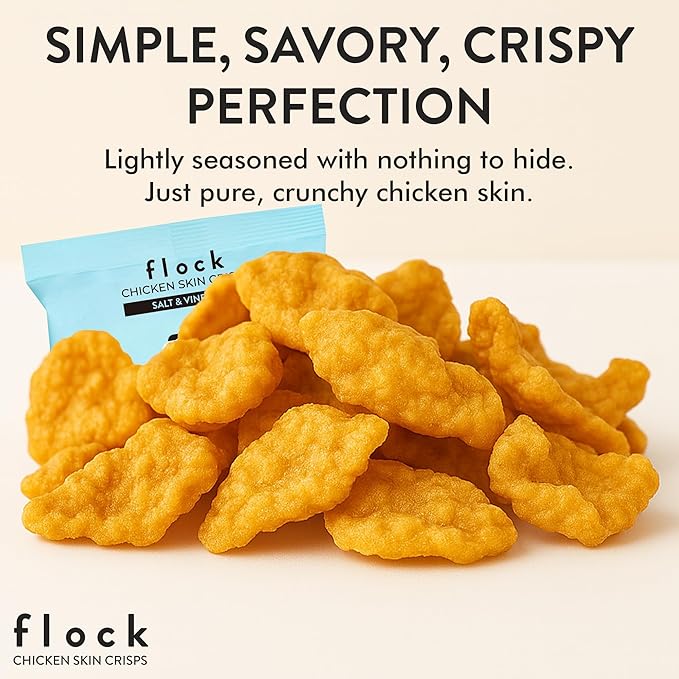 Flock Keto Chicken Skin Chips | Salt and Vinegar Flavor | Low Carb, High Protein, Sugar Free, Gluten Free Fried Chicken Skins for People | (1oz) 8-Pack Crispy Flock Chips