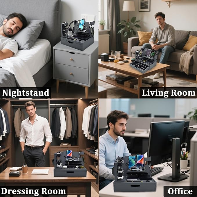 Nightstand Organizer for Men with Large Drawer, Birthday Gifts for Men, Phone Docking Station, Bedside Organizer for Nightstand for Apple Watch, Laptop (Grey, Solid Wood)