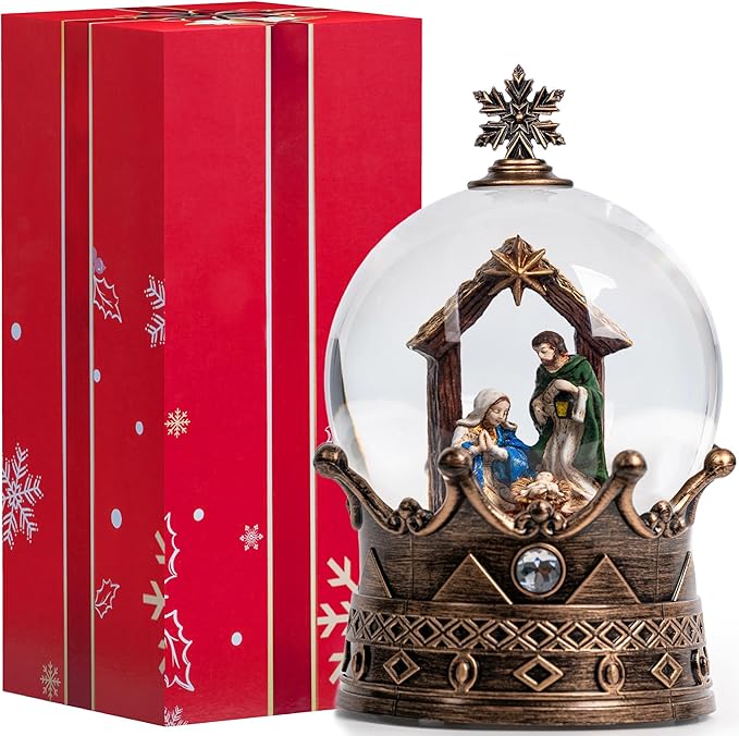 Snow Globe Lighted Christmas Decorations, Nativity Manger Scene Musical Crown Snow Globe Lantern with Swirling Glitter, Christmas Holiday Party Gifts and Decorations