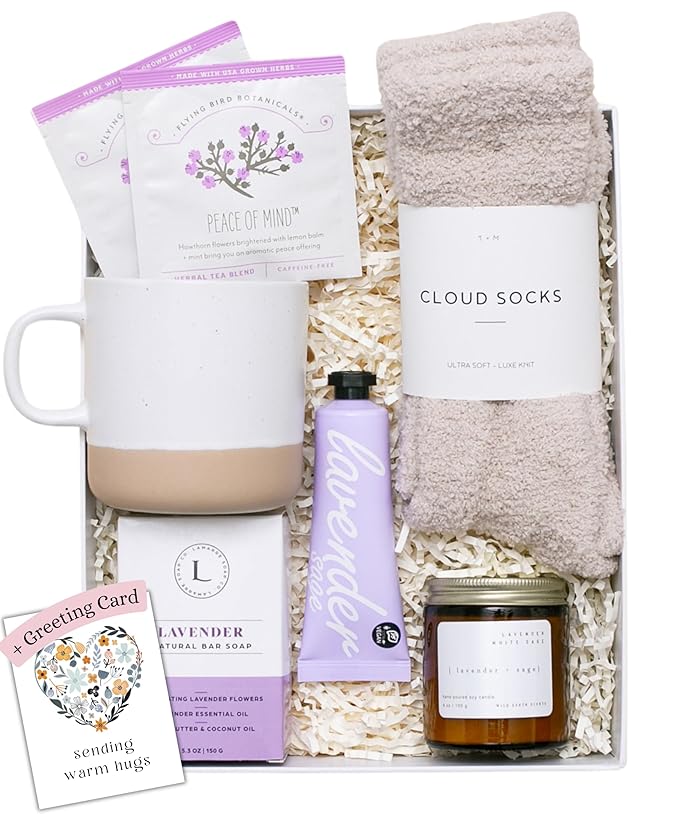 Unboxme Spa Gift Basket for Women - Lavender Self Care Gifts with Candle & Bath Bombs - Relaxation Care Package for Birthday, Get Well Soon, Christmas, Valentine's Day