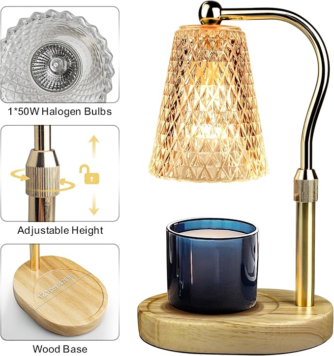 Candle Warmer Lamp with Timer, Adjustable Candle Warmer Lamp with 1 Bulbs,2/4/8-Hour Timing Function,4-Level Dimmable, Adjustable Height