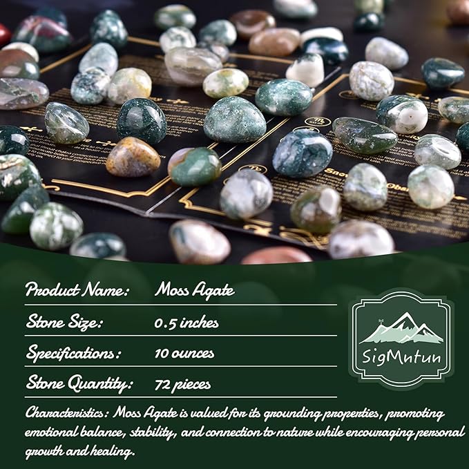 Polished Moss Agate Crystals - 72 Pcs, 0.5" 10 oz Handpicked Natural Tumbled Gemstones Rocks, Pebbles for Reiki, Chakra, Healing Home Decor
