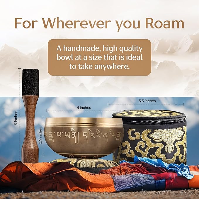 Handmade Tibetan Etched Singing Bowl Set with Case – Meditation Bowl & Sound Bowl with Cushion, Mallet & Guide – Hand-Tuned Meditation Bowl for Relaxation – Yoga Relaxation Accessories