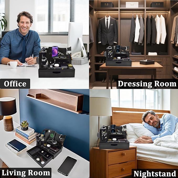 Nightstand Organizer for Men with Large Drawer, Birthday Gifts for Men Father Husband, Wood Phone Docking Station, Bedside Organizer for Nightstand Office for Apple Watch, Laptop (Black)