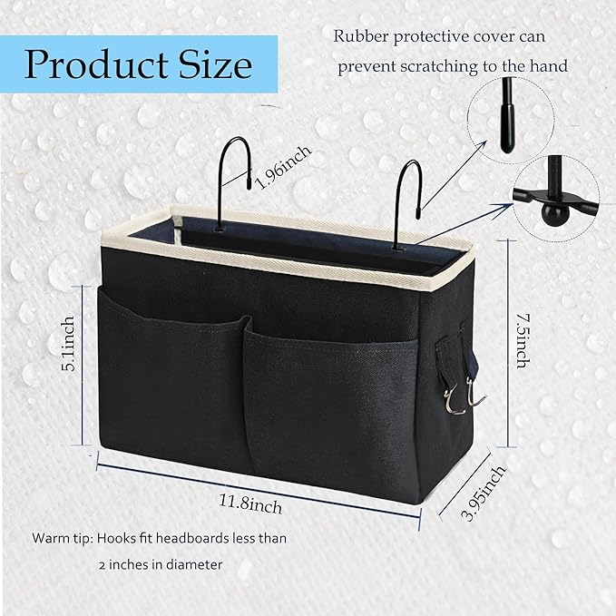 Bedside Caddy/Bedside Hanging Storage Bag Multi-Function Caddy for Bunk bed Hospital Beds Dorm Bed Rails, Holders Books Glasses Phones Magazine(2pc Black)