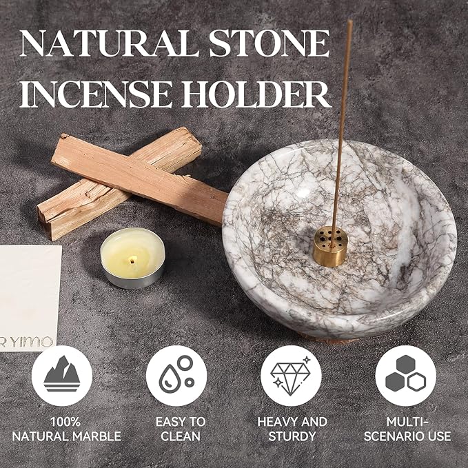 Koville Natural Marble Incense Holder, Incense Holder for Sticks with 9 Holes, Handmade Incense Burner Ash Catcher for Meditation Yoga SPA, Balsam Fir/Palo Santo/Sage/Cone (Gris Lido)
