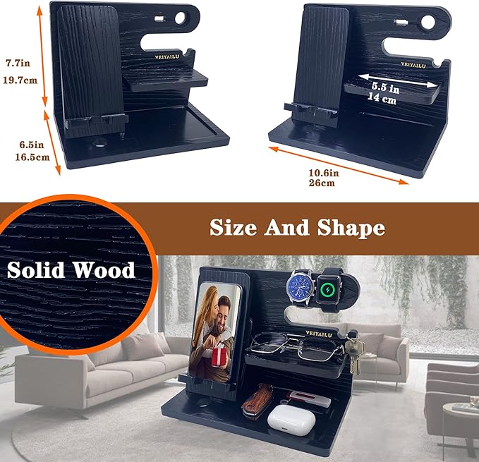 Gifts for Dad Men Mom Women from Daughter Son Birthday Gifts Nightstand Organizer Mens Wood Phone Docking Station (Black)