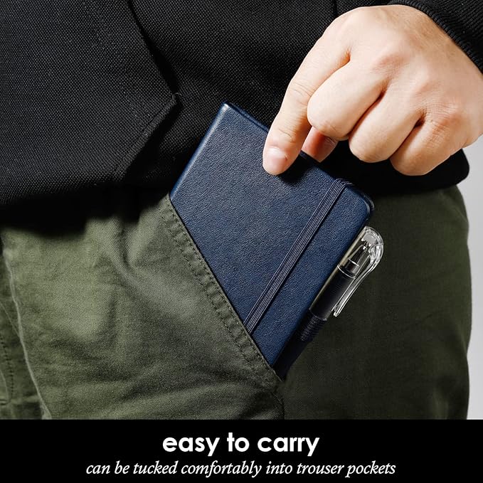 Pocket Notebook Journals, 3 Pack Mini Small Notebooks for Work, Leather Cover Notepad with 3 pens, Elastic Closure, Blue