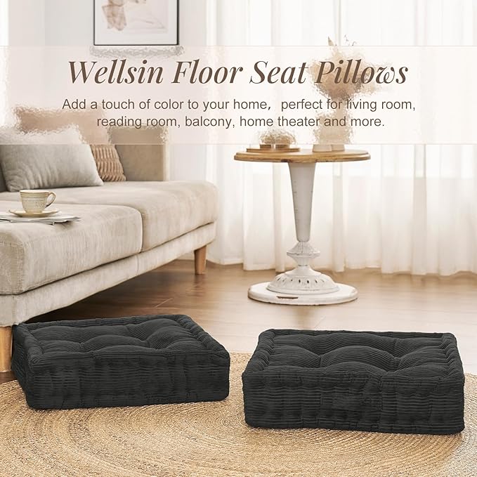 Wellsin Square Floor Pillows for Adults Kids - Meditation Floor Pillow Seating Cushion - Tufted Floor Cushion with Shredded Foam & Velvet Cover, 1 Pack, 20x20 Inch, Gray
