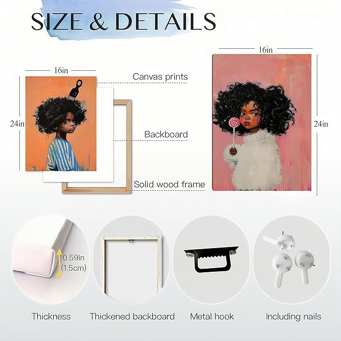 Black Kids Wall Art - Afro American Children Canvas Prints, Modern African American Portrait Paintings for Girls Bedroom, Cute Black Girl Nursery Art, Cultural Wall Decor, Framed16 x 24inches X2piece