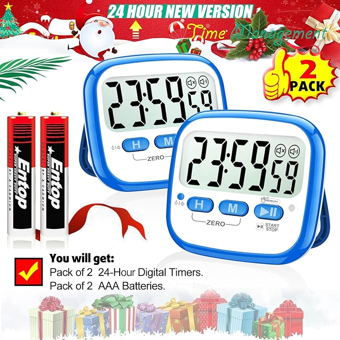 2-Pack Magnetic Kitchen Timers for Cooking, Digital Stop Watch Countdown Timer for Kids, Teachers, Classroom, Office, Exercise - Battery Included
