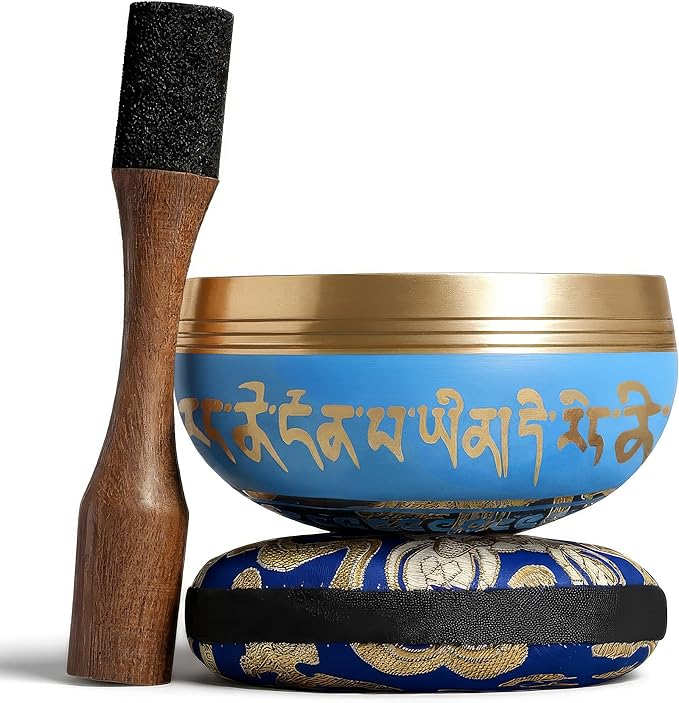 Handmade Tibetan Etched Singing Bowl Set – Sound Bowl & Meditation Bowl with Cushion, Mallet & Guide – Handmade Nepali Bowls – Sound Bath Accessories – Bronze Singing Bowls