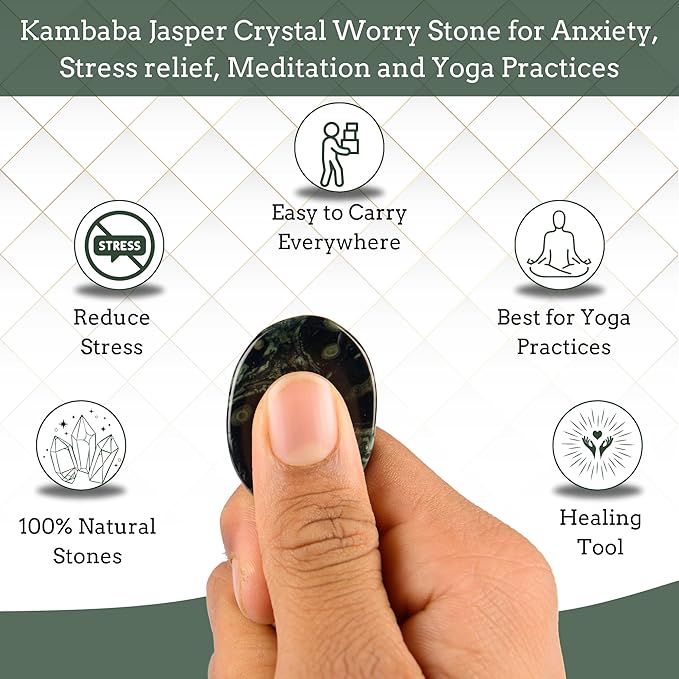 Kambaba Jasper Worry Stones – Crystal Thumb Worry Stone for Anguish, Stress – Relaxing and Soothing Balance Stones for Meditation, Stress Relief – Healing Stones and Crystals for Men and Women
