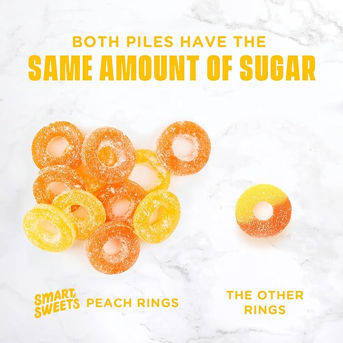 SmartSweets Peach Rings, Low Sugar Gummy Candy (3g), Low Calorie (130), Gluten-Free -1.8oz (Pack of 12) Packaging may vary