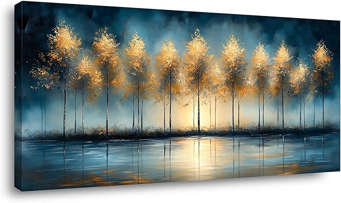 ZESTRILIA Golden Trees Wall Art Impression Canvas Abstract Sunset Oil Painting Reproduction Print Artwork Landscape Picture for Living Room Bedroom Home Office Kitchen Décor (23x46inch)
