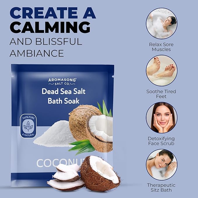 Aromasong Pure Dead Sea Salt 100% Natural Coconut Essential Oil – 2.5 oz. Spa Bath Salt Fine Grain- Christmas Stocking Stuffers for Adults, Kids, Women, and Mens soak Stocking Stuffers for Adults