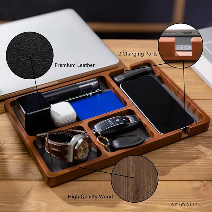 Shinpuru Wooden Valet Tray with Leather Inlay - Nightstand & Desk Organizer - EDC Essentials Catchall Tray for Keys, Phone, Wallet, Watch, Earbuds - Stylish Storage (Wood)