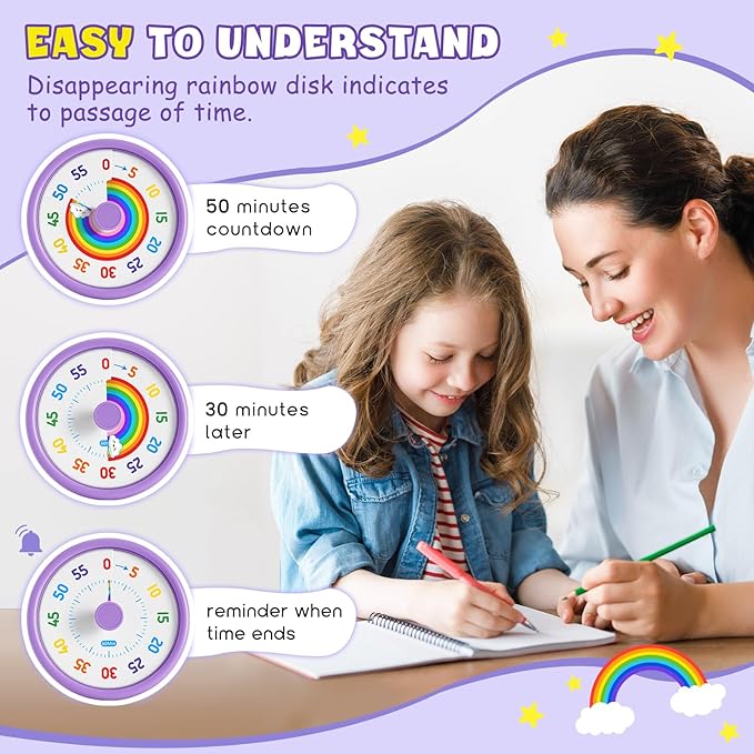 HIPPIH Visual Timer for Kids, 60 Minute Countdown Timers for Classroom Kitchen Office, Rainbow Disk Desk Timer Clock with Silent Operation, Pomodoro Timer Time Management Tools for Toddler ADHD Purple