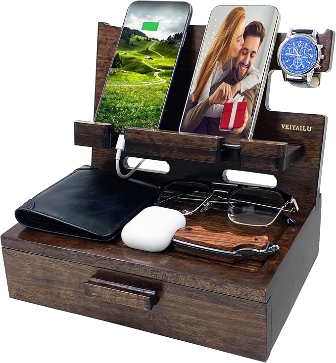 Gifts for Men Women Husband Son Boyfriend Him Nightstand Organizer Wood Phone Docking Station Birthday Gifts (Walnut)