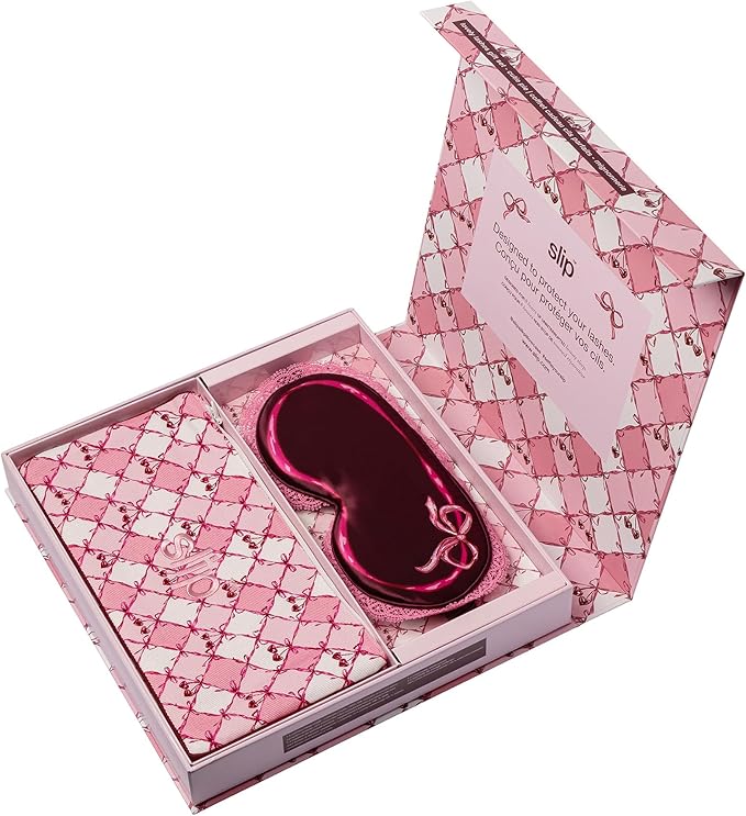 slip Lovely Lashes Gift Set – Cutie Pie Edition – Crimson Pure Silk Contour Sleep Mask with Lace Trim & Complimentary Travel Case – Lash-Friendly, Light-Blocking Eye Mask