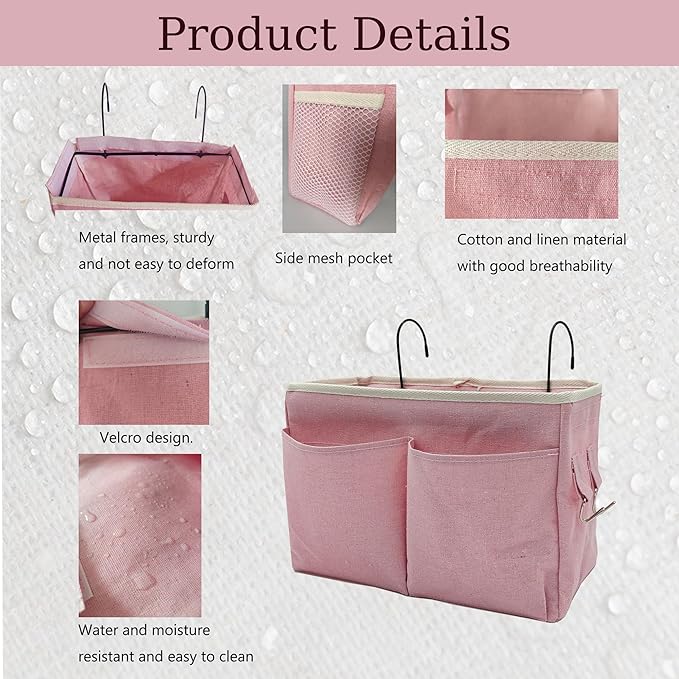 2-Pack Bedside Caddy Bedside Hanging Storage Basket Multi-Function Organizer Caddy for Bunk and Hospital Beds Dorm Rooms Bed Rails, Can be Placed Glasses Books Mobile Phones(2 pcs pink)