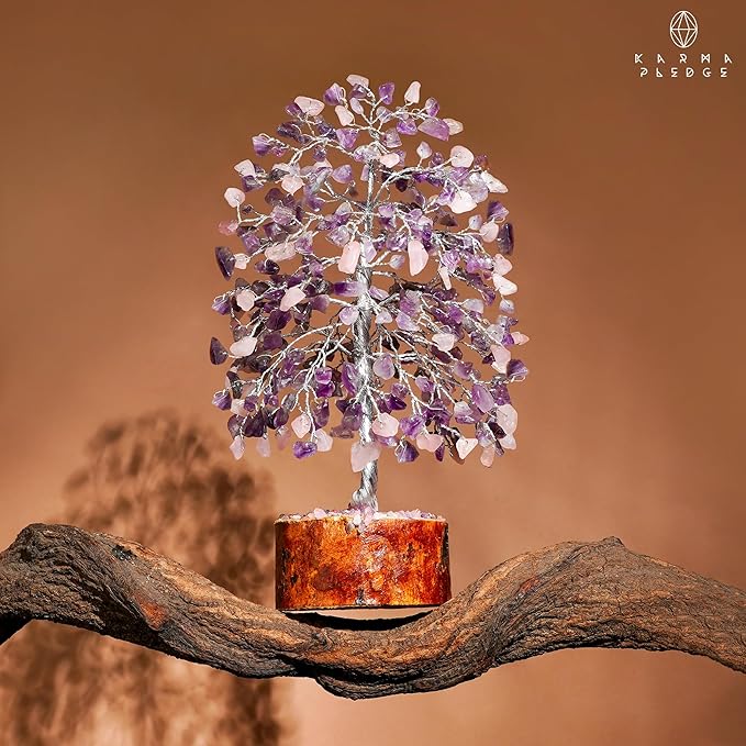 KARMAPLEDGE Chakra Healing Crystal Tree of Life for Birthday Gifts for Women, Home and Office Decor for Positive Energy & Good Luck, Spiritual Gifts, Feng Shui Money Trees (Rose, Amethyst Dual Beads)
