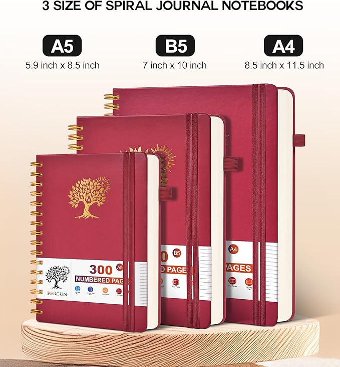 Large Spiral Notebook Journal for Women Men - 300 Numbered Lined Pages, College Ruled, A4 Hardcover Spiral Bound Notebook for School, Work, Note Taking, Writing, Leather Spiral Journal 8.5"x11"