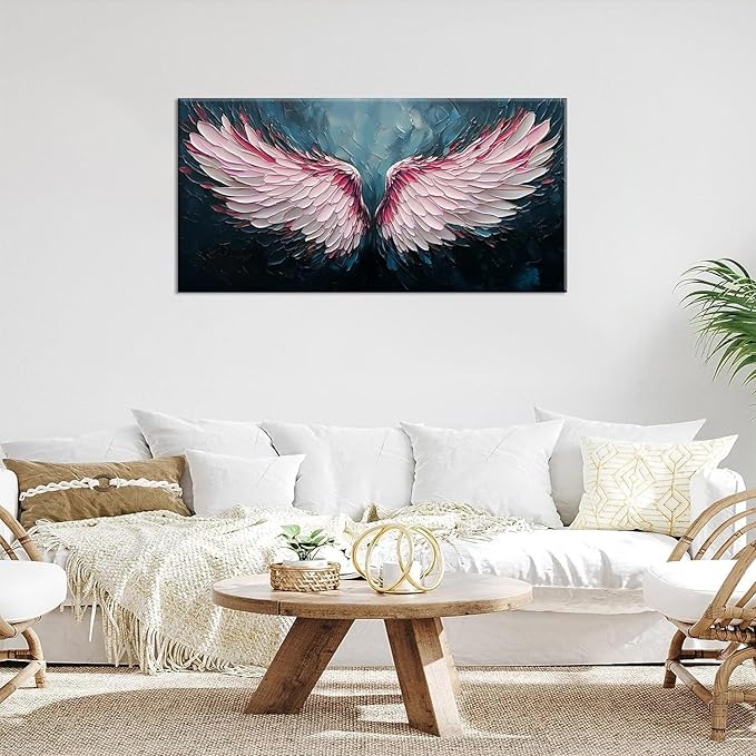 ZESTRILIA Angel Wings Wall Art for Girls Room Pink Navy Blue Canvas Oil Painting Prints Modern Abstract Fantasy Anime Artwork Living Bedroom Office Decor Extra Large (58x28 Inches)